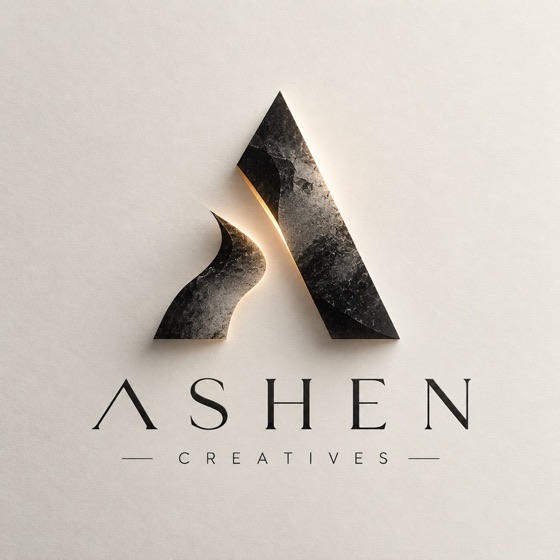 Ashen Creatives logo: a stone-textured letter A with a warm gold light along its edge, above the words Ashen Creatives